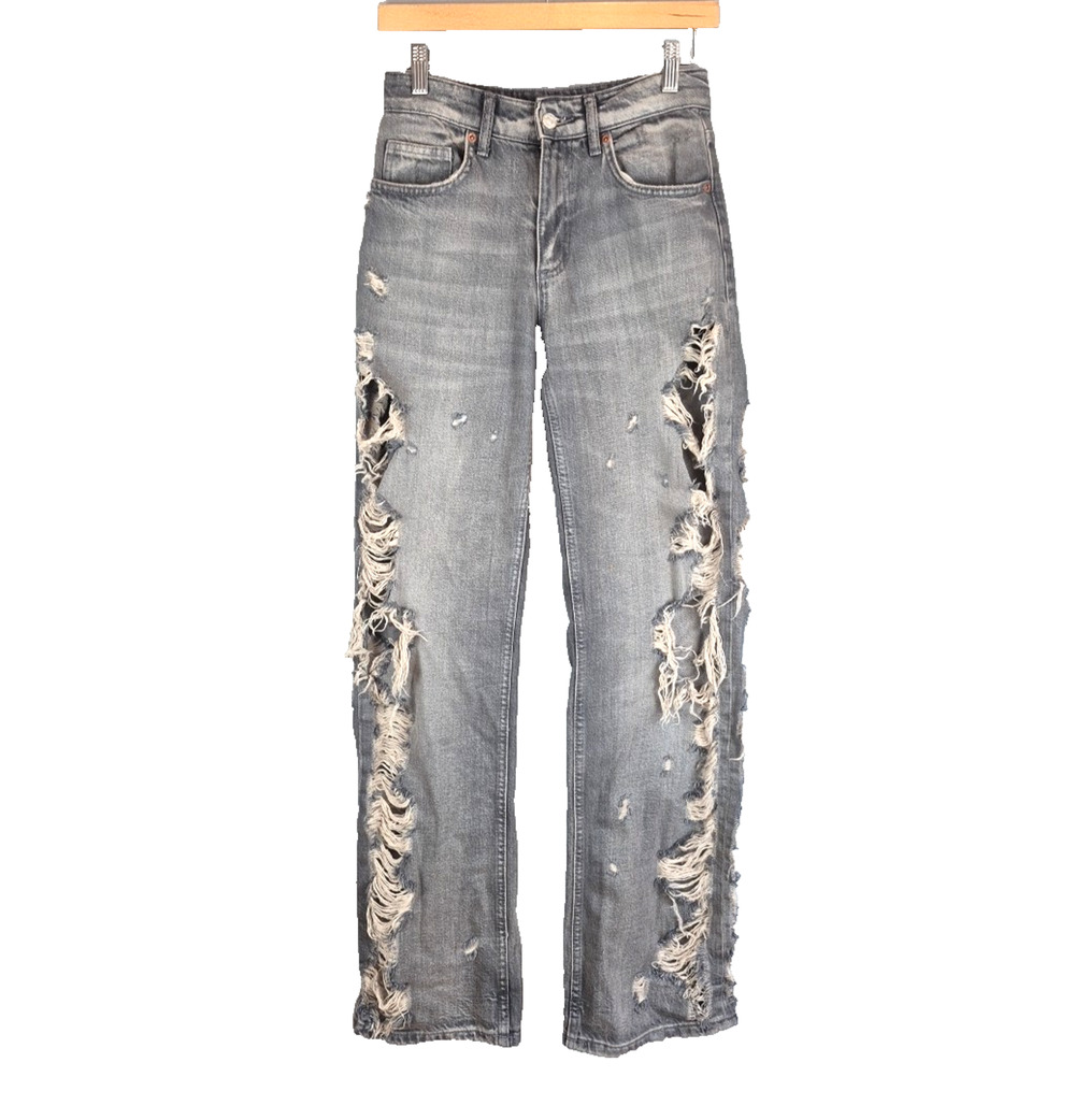 Zara Jeans Womens 2 Gray Mid Rise Frayed Ripped Legs Medium Wash Denim